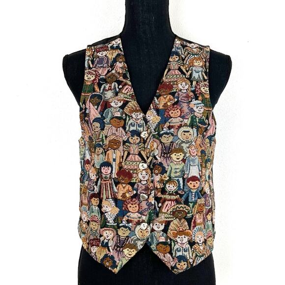 Vintage 90s Vest Tapestry Waistcoat International Children Around World Teacher - Picture 2 of 10